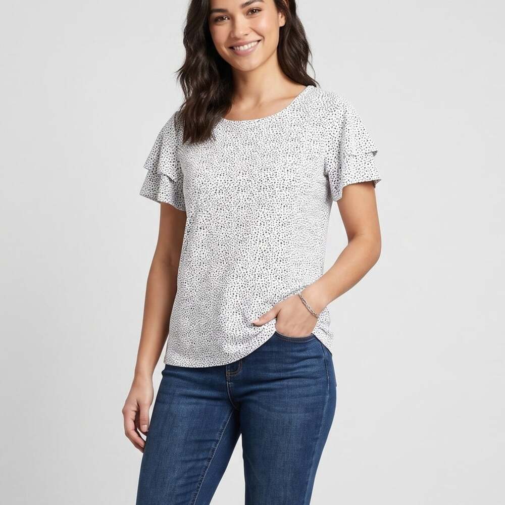 Adrianna Papell Medium Short Flutter Sleeve Pullover Top Dotted Print Polyester